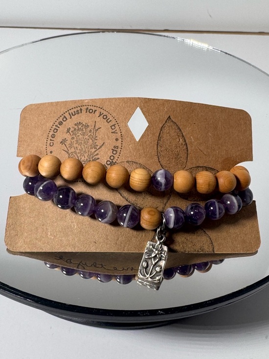 Handmade Jewelry - Wood & Purple Beaded Bracelet Set with Silver Charm